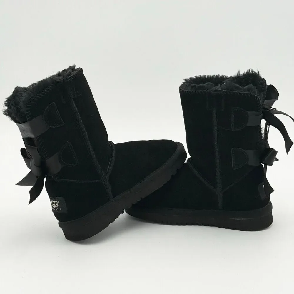 UGG Black Bailey Bow Sheepskin Winter Boots - Little Kids US Size
